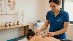 Séance de médecine traditionnelle chinoise et pose de ventouses (cupping) au cabinet Kiné'Sens à Fort-de-France, Martinique.
