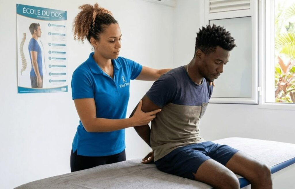Kinésithérapeute effectuant une levée de tension du dos sur un patient masculin lors d'une séance d'École du Dos au cabinet Kiné'Sens, Martinique.