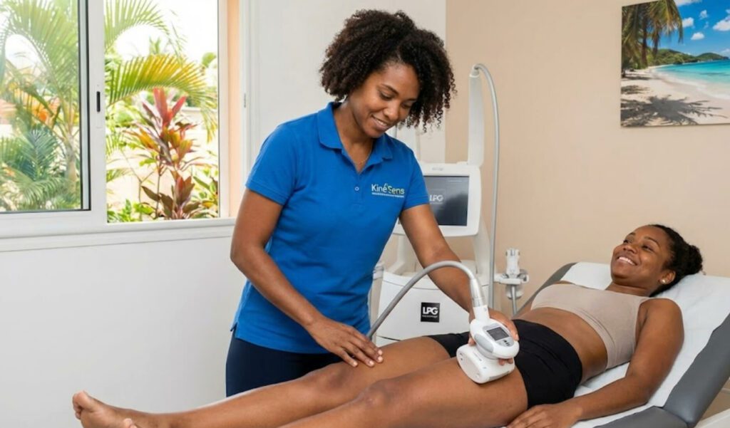 Kinésithérapeute utilisant la machine LPG Endermologie sur la cuisse d'une patiente au cabinet Kiné'Sens à Fort-de-France, Martinique.