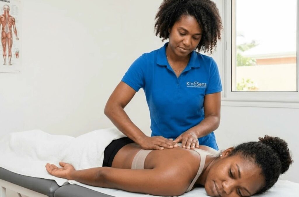 Kinésithérapeute effectuant une séance de fasciathérapie manuelle sur le dos d'une patiente au cabinet Kiné'Sens à Fort-de-France, Martinique.
